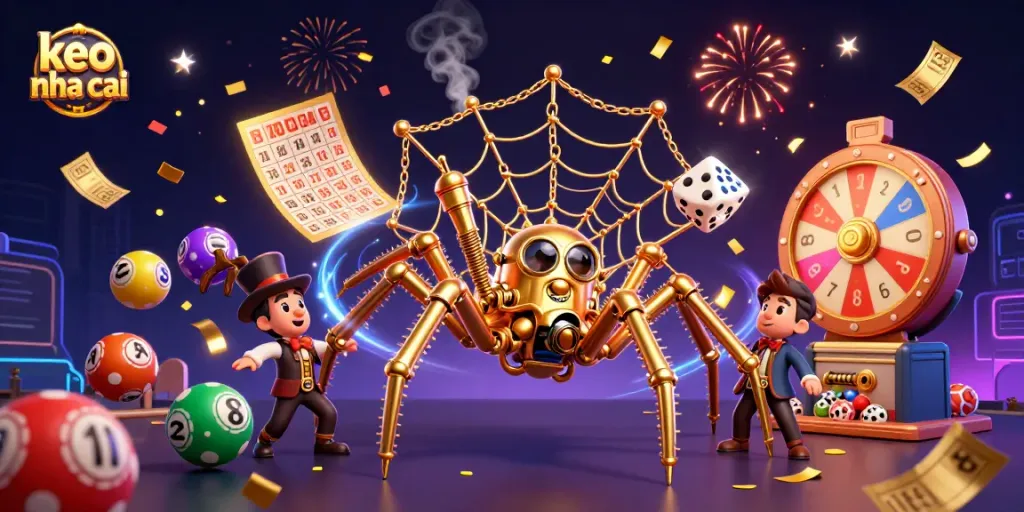 Exciting scene of keo nha cai, showcasing a themed steampunk spider and lottery elements in action.