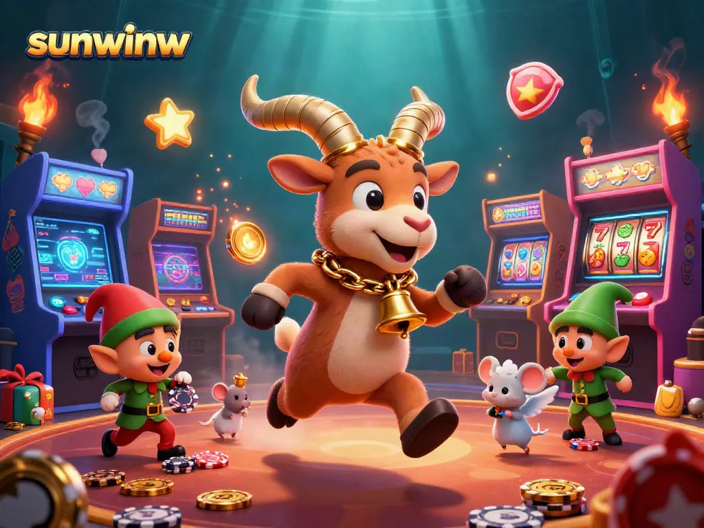 Engage in thrilling casino gaming at sunwinw with Krampus, a mouse, and crafty gremlins in a vibrant setting.