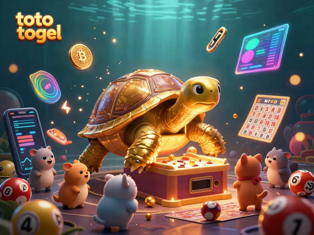 Engaging scene of the toto togel lottery with a golden tortoise pinball machine and animals eagerly waiting to play.