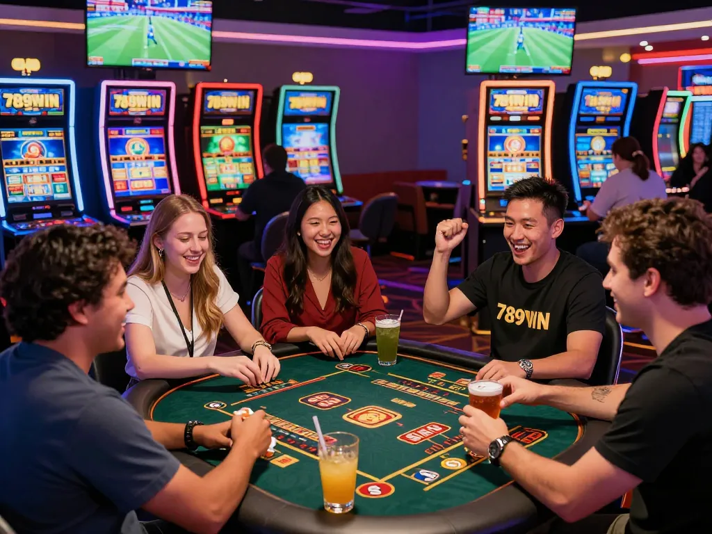 Players enjoying diverse games at 789win online casino, celebrating wins and engaging in sports betting.
