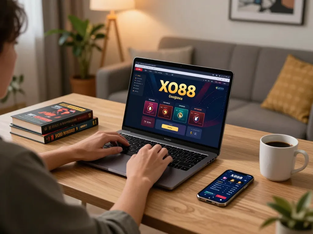 Engaged gamer at home on https://xo88tv.com/ using a laptop for online casino gameplay.