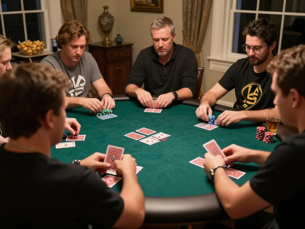 Engaging poker game at home, showcasing kèo nhà cái strategies in a cozy atmosphere with friends