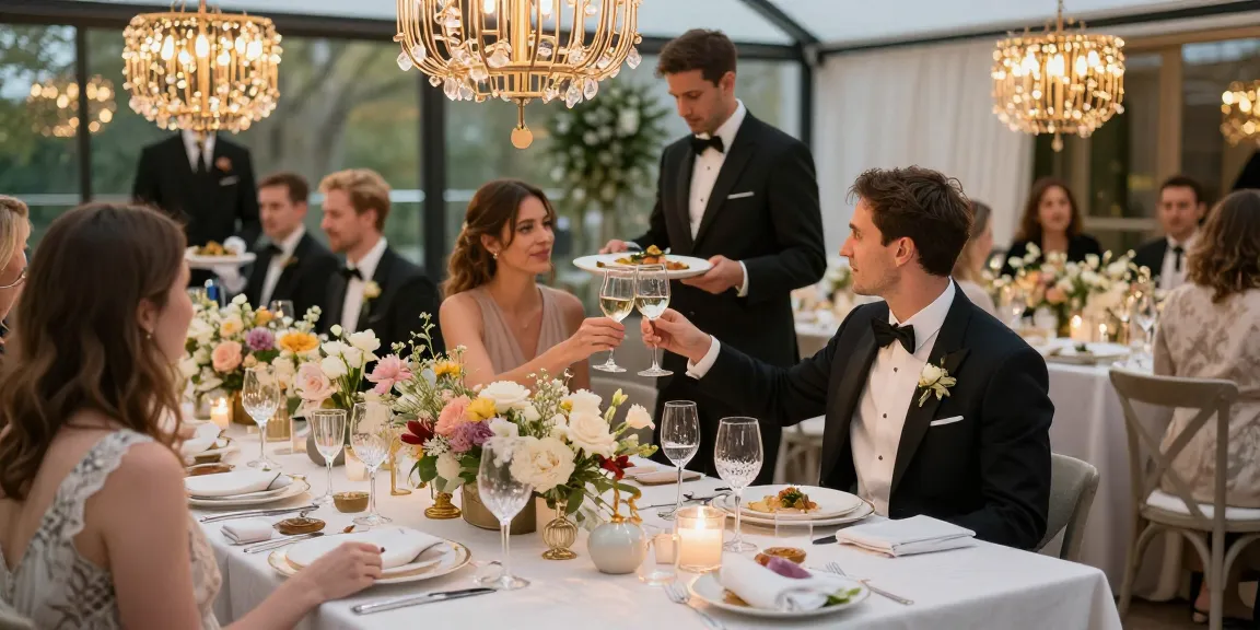 Catering Hire London event with elegant table settings and joyful guests toasting at a wedding reception.