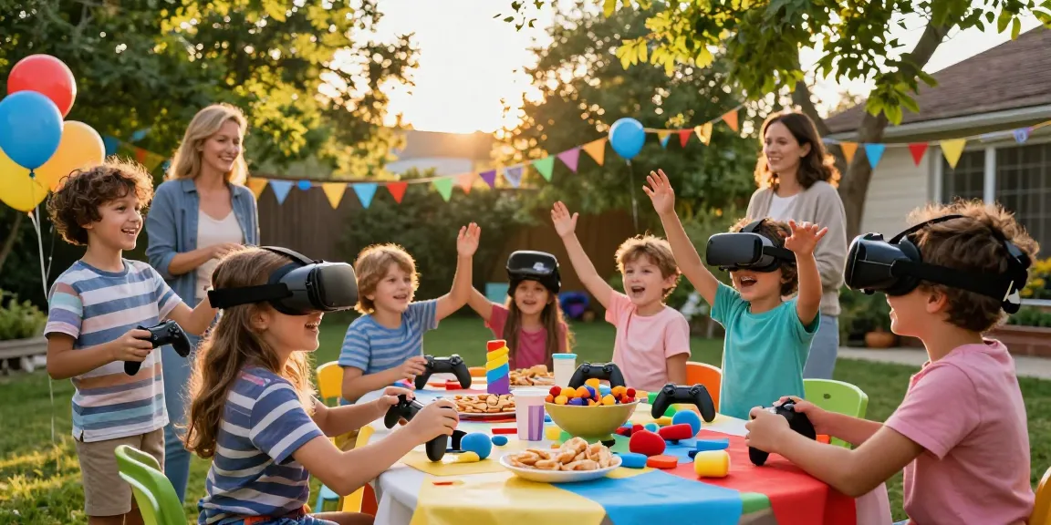 Exciting gaming party with kids enjoying top gaming parties outdoors, vibrant atmosphere with VR setup and colorful decorations.