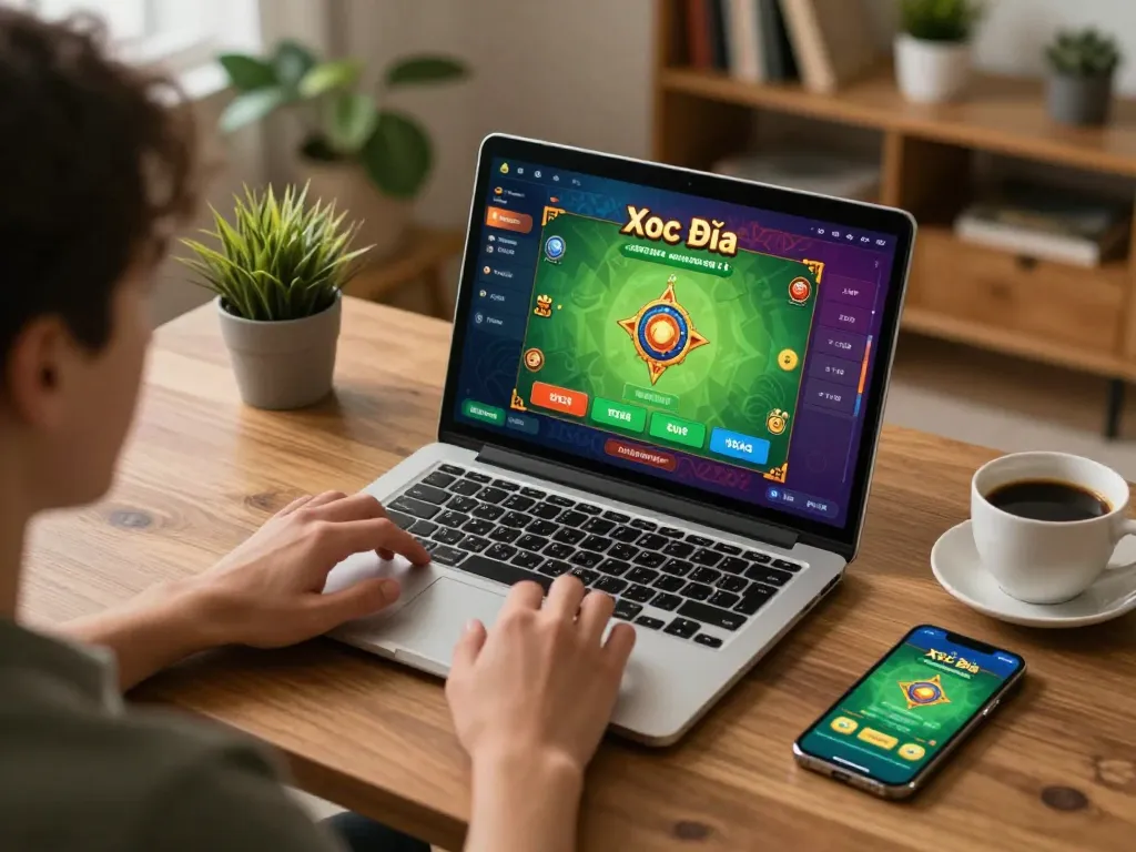 Xóc đĩa online being played on a laptop in a cozy home setting with a vibrant interface