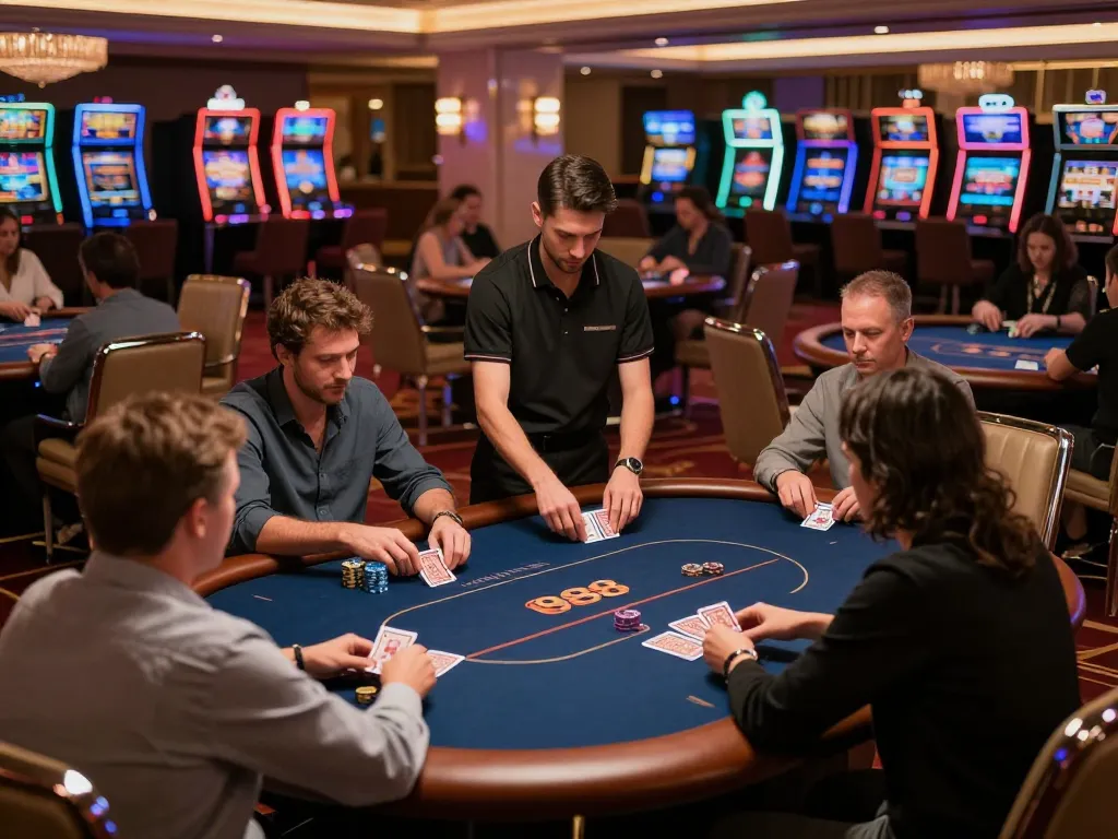 Players engage in poker at a luxurious casino while exploring tr88 gaming strategies in an elegant environment.