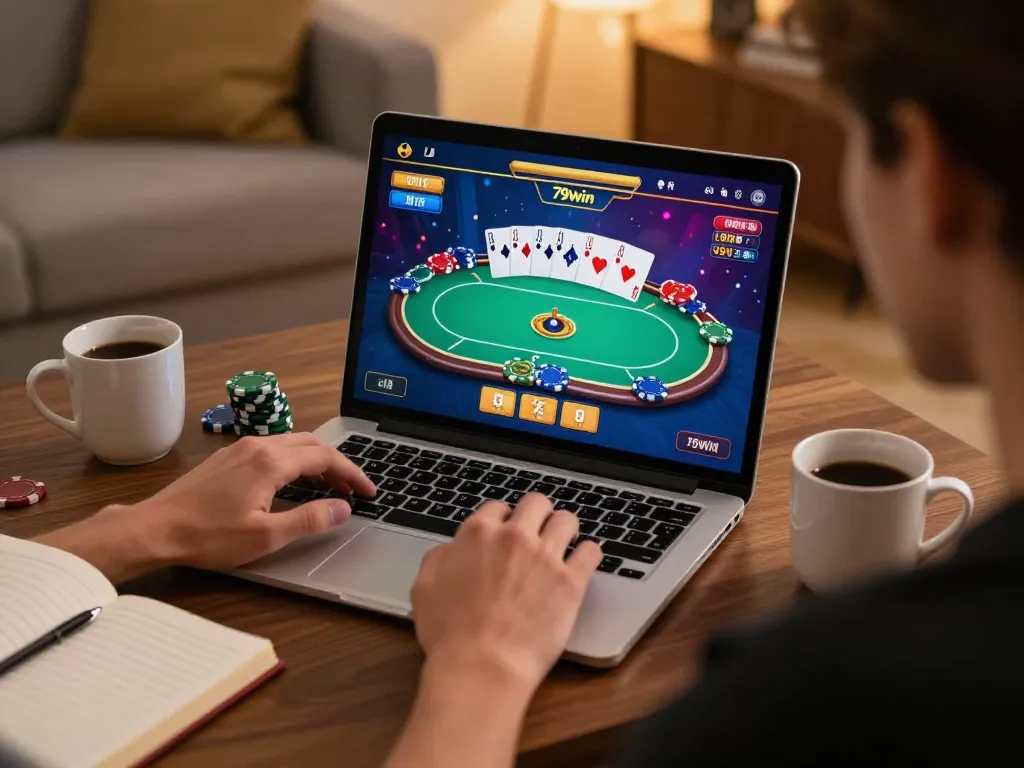 Engaging with 79win online poker game on laptop in a cozy home setting, blending entertainment with strategy.