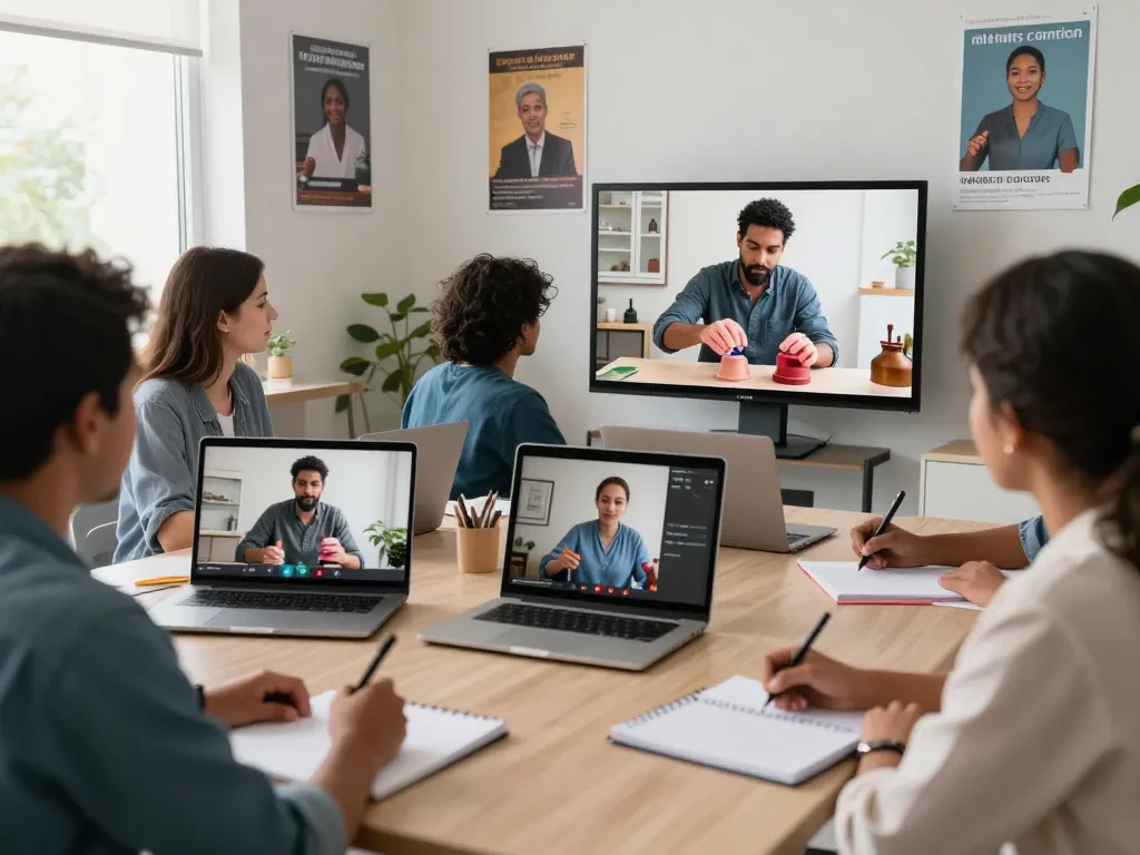 Students participating in a Hijama course online, engaged in virtual learning with diverse backgrounds and cupping technique demonstrations.