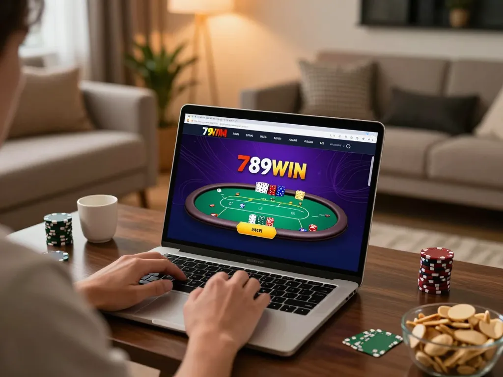 Player engaging with 789WIN on a laptop in a cozy home environment, enjoying online casino gaming.