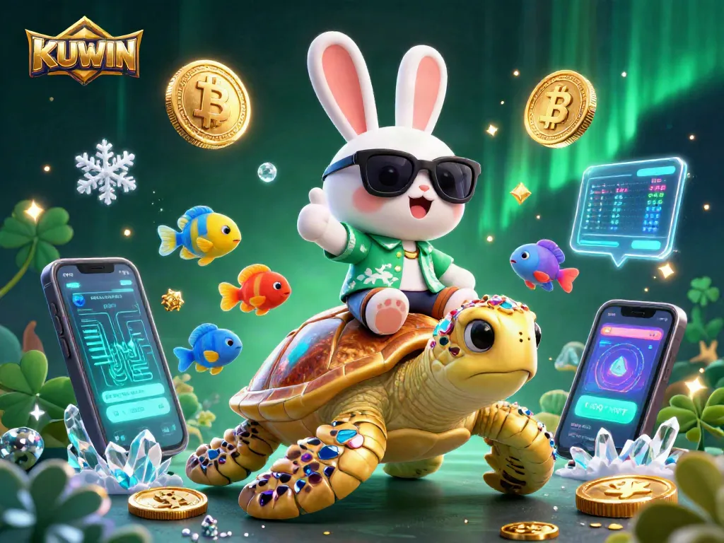 Bet on KUWIN with a thrilling 3D illustration of a lucky rabbit and a golden turtle surrounded by casino elements.