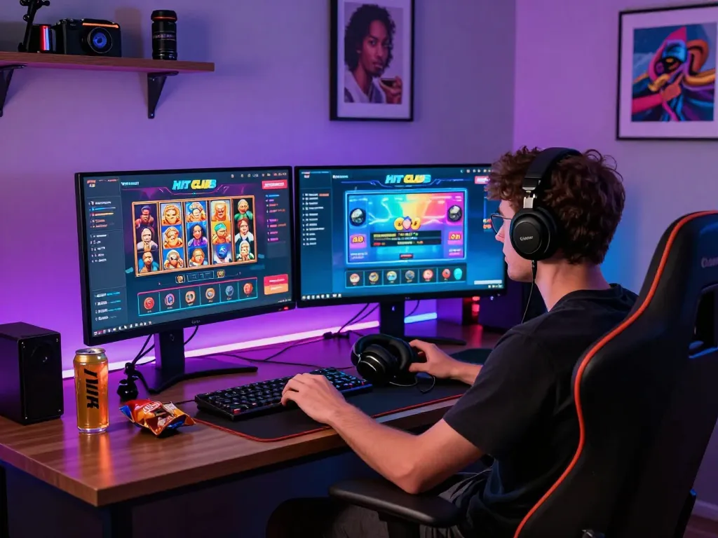 User enjoying the Hit Club online gaming experience with immersive setup and colorful atmosphere.