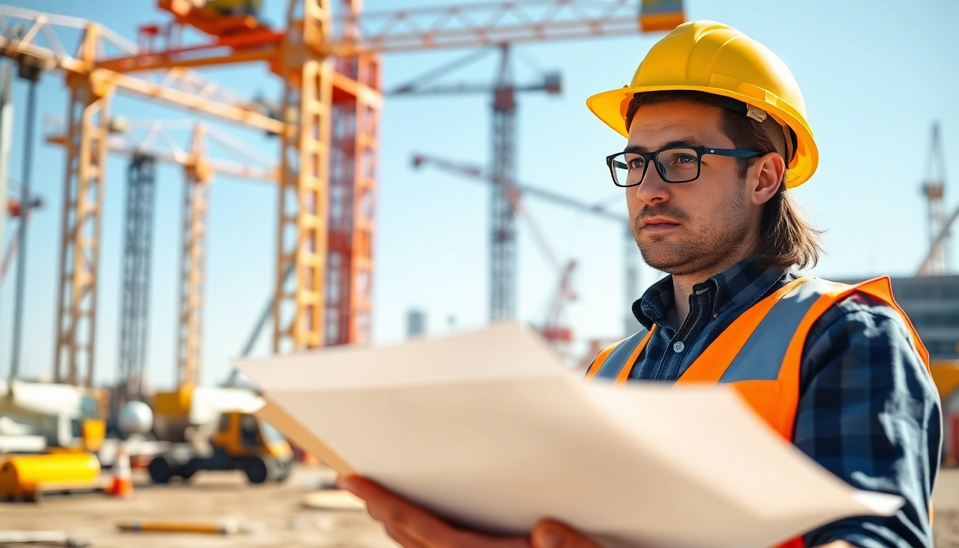 New Jersey Construction Manager analyzing blueprints at an active construction site.