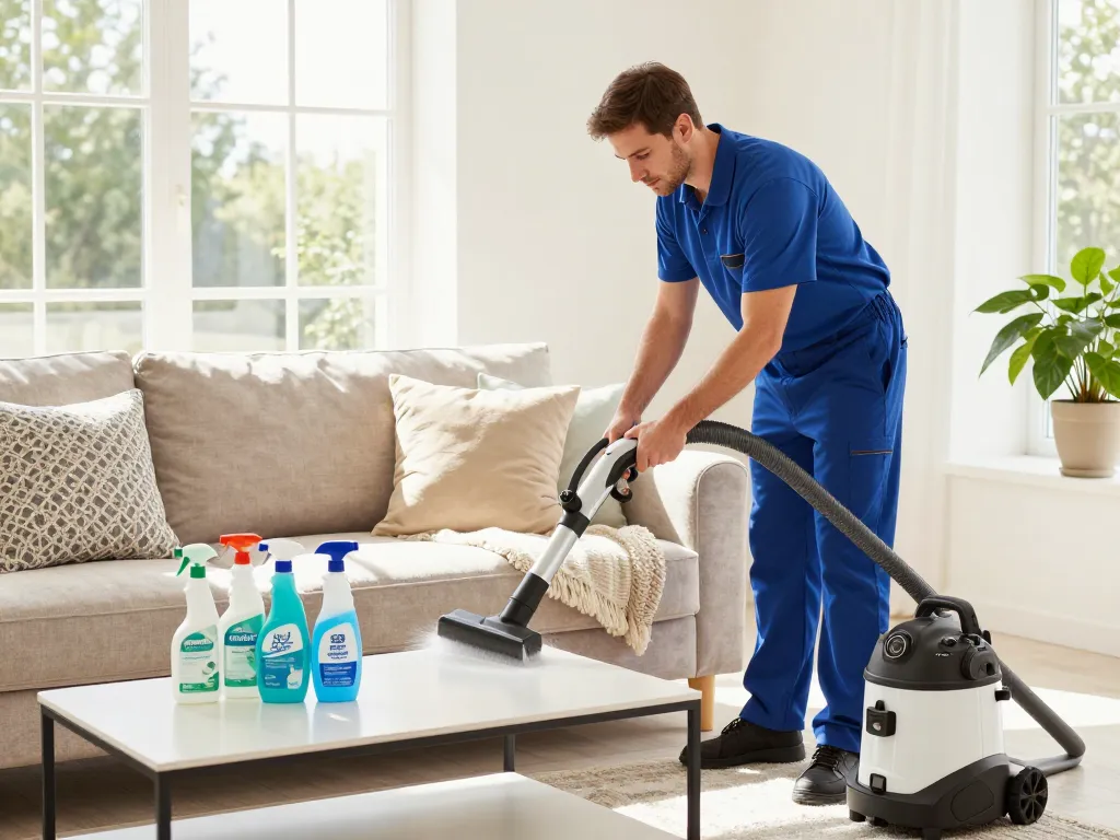 Professional upholstery cleaning in bright living room using eco-friendly products, highlighting Local Birmingham business directories.