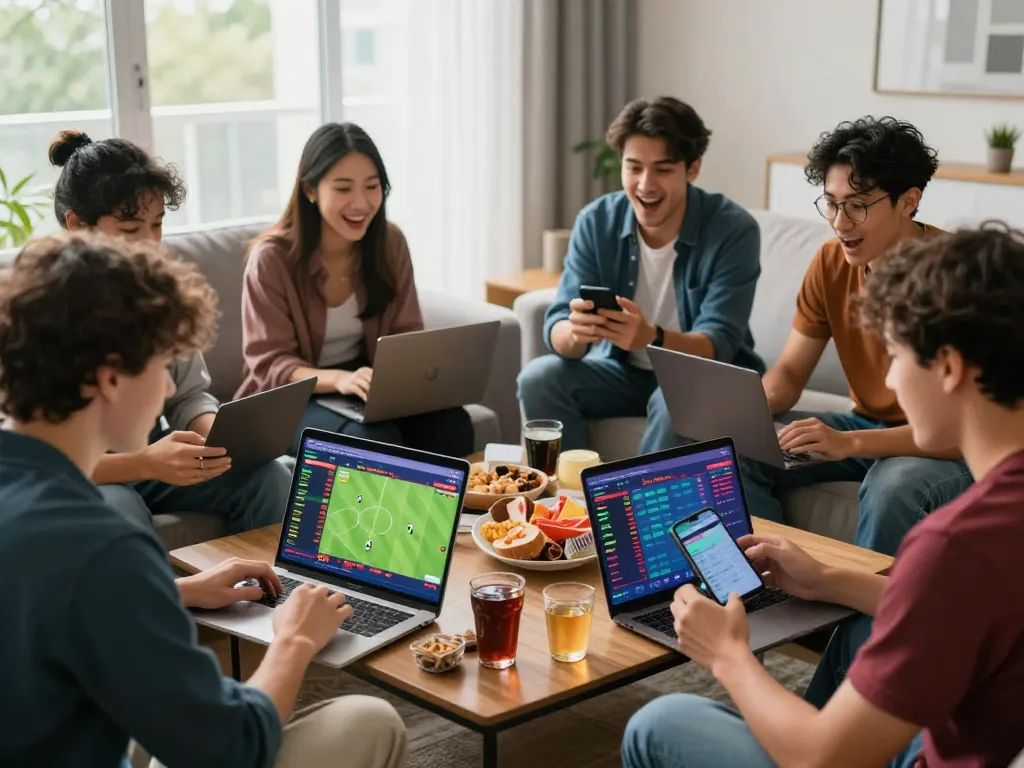 Excited group engaged in trang cá cược bóng đá, live betting on laptops and smartphones in a vibrant setting.
