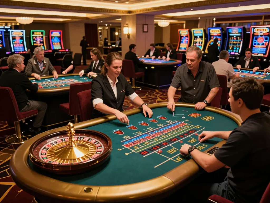 Players engaging in vibrant casino gameplay at 8day, with roulette wheel spinning and warm lights enhancing the atmosphere.
