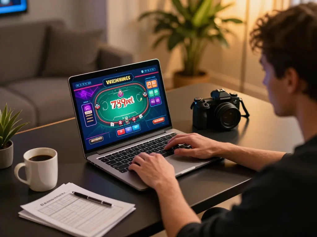 Player engaging with 789pet poker interface at a cozy home gaming setup, reflecting strategic betting