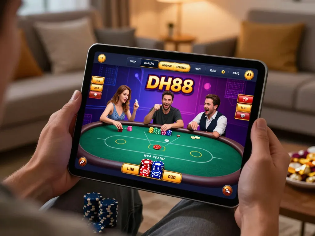 Experience thrilling gameplay on DH88 with vibrant poker action on a tablet in a cozy home setting