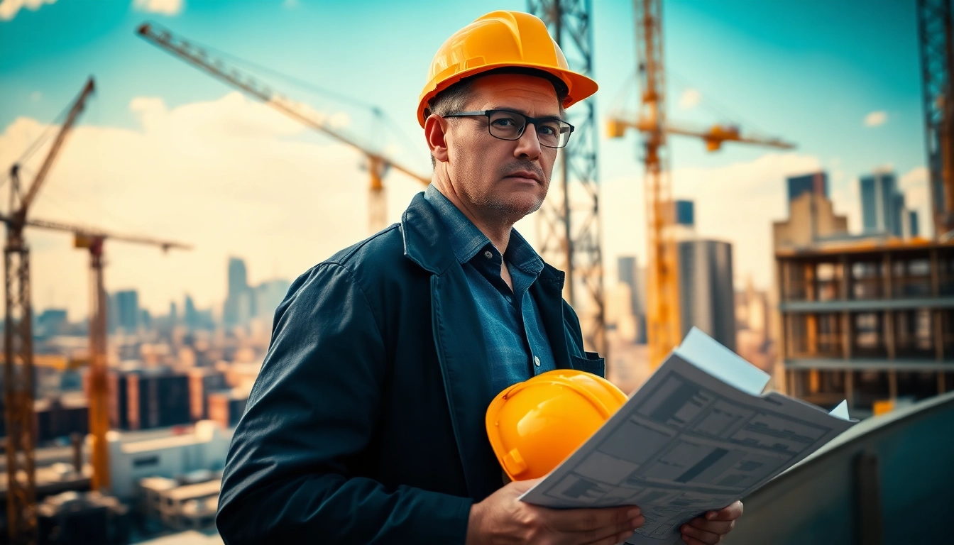 Manhattan Construction Manager supervising bustling site with blueprints and urban skyline.