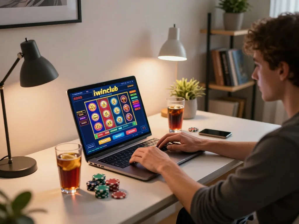 Engaging online gambling session at iwinclub with player focused on laptop gameplay