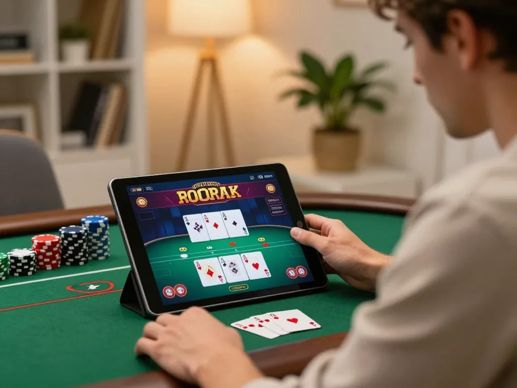 Bl555 player strategizing in online poker game on tablet while enjoying a cozy home setting.