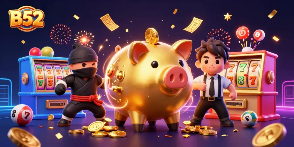 B52 casino features a dynamic scene with a golden piggy bank wrestler and colorful game elements.