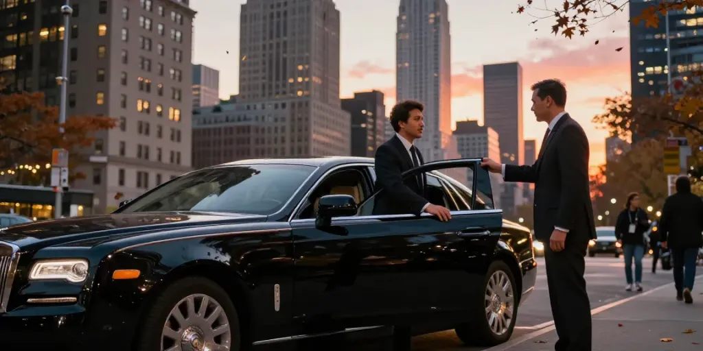 Luxury black car service NYC with professional chauffeur welcoming client in front of Manhattan skyline during sunset