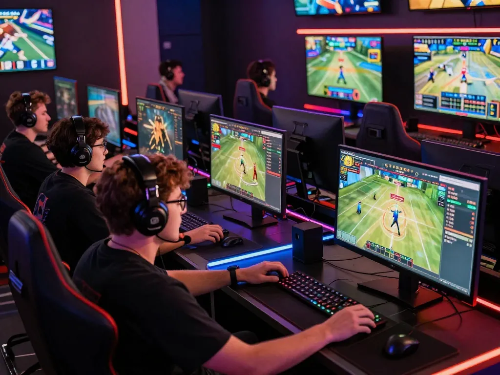 Online gaming excitement at https://gem88.com.mx/ with players engaged in sports betting and casino games, vibrant atmosphere.
