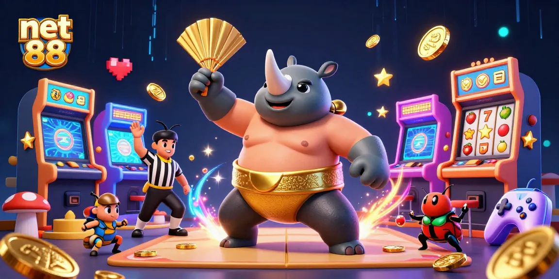 Experience the thrill of net 88 with a dynamic 3D casino illustration featuring a beetle sumo champion.