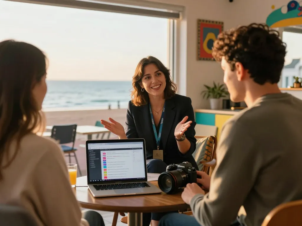 Effective airbnb management brighton showcased in a cozy beachfront property management scene with a friendly property manager and homeowner.