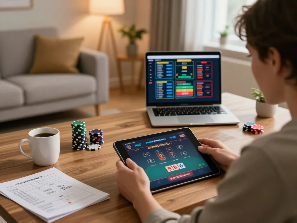 F168 player enjoying online poker game on tablet in cozy home setting, emphasizing responsible gaming.