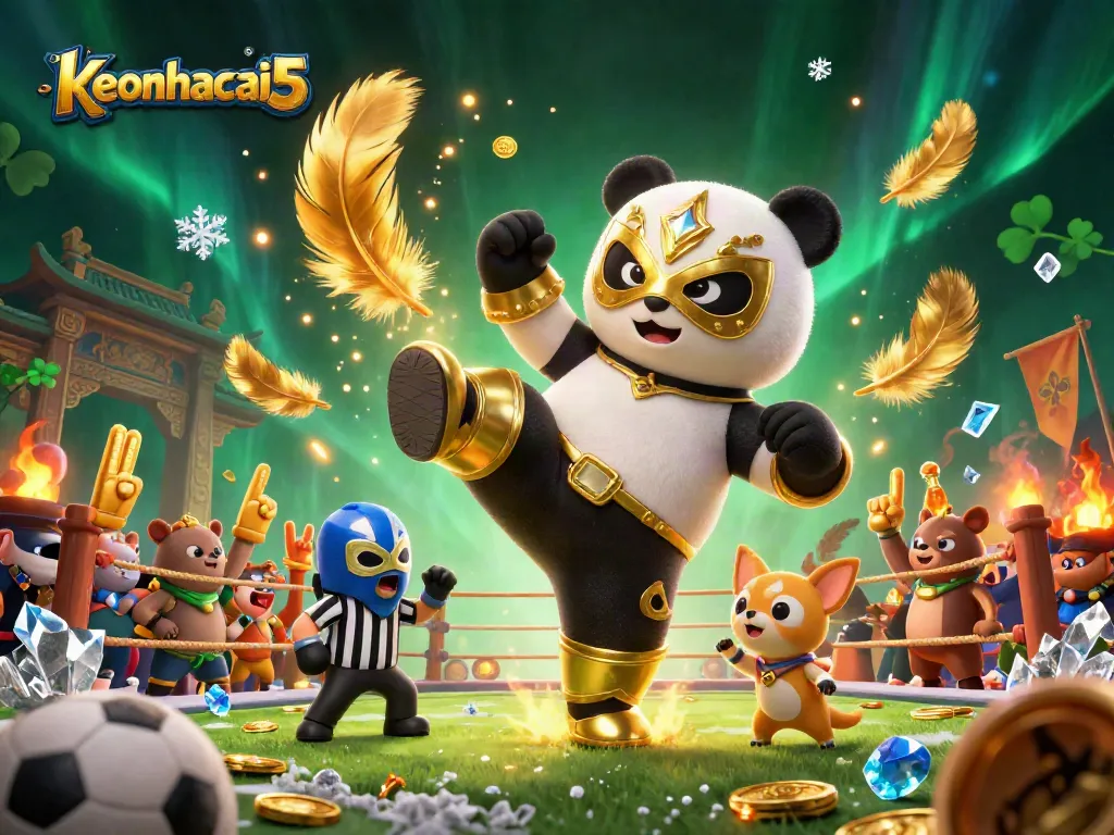 Experience thrilling sports betting with keonhacai5 as a panda wrestler kicks off the action in a lively arena.