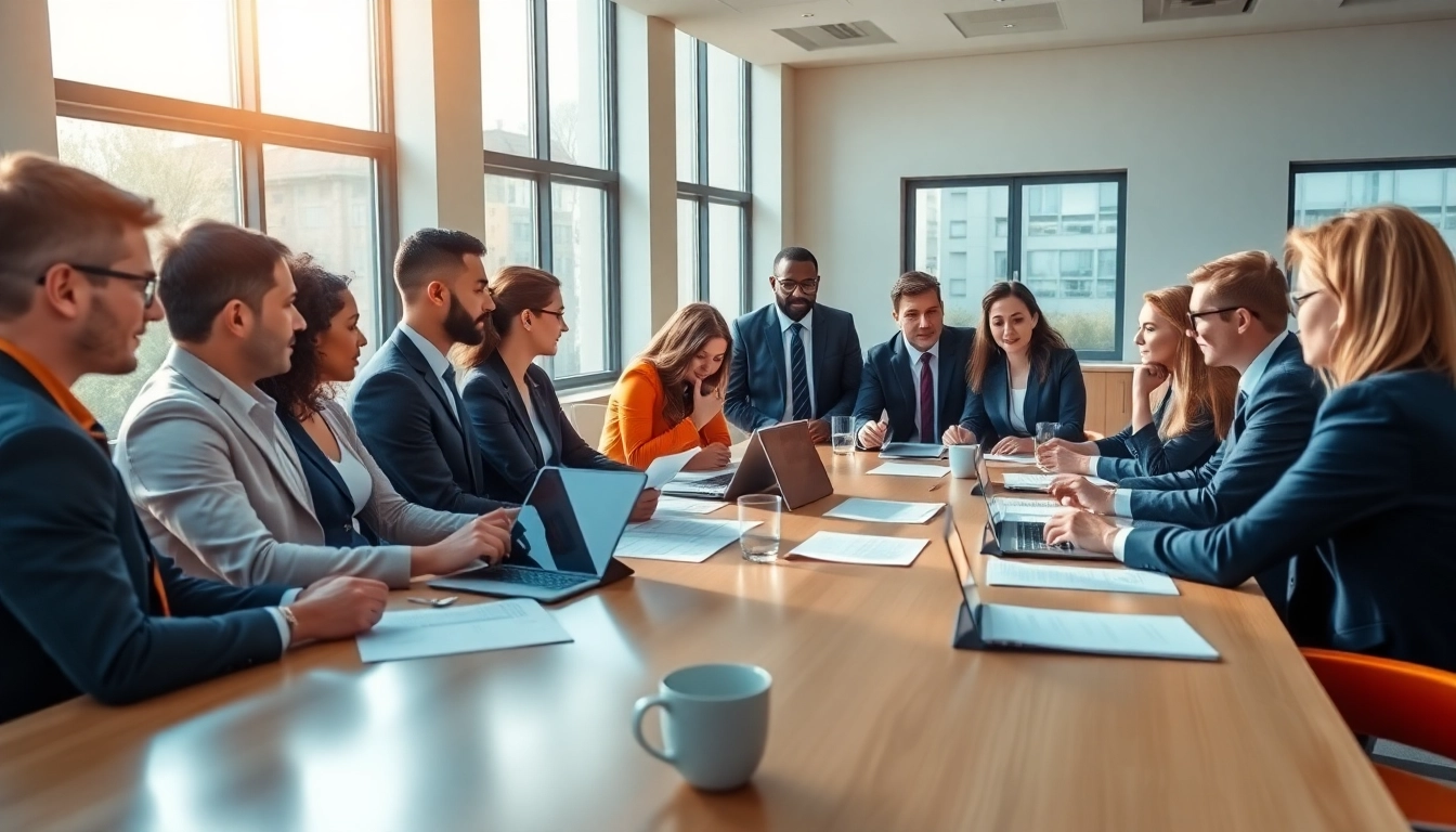 Companies collaborating in a modern office environment, showcasing teamwork and innovation.