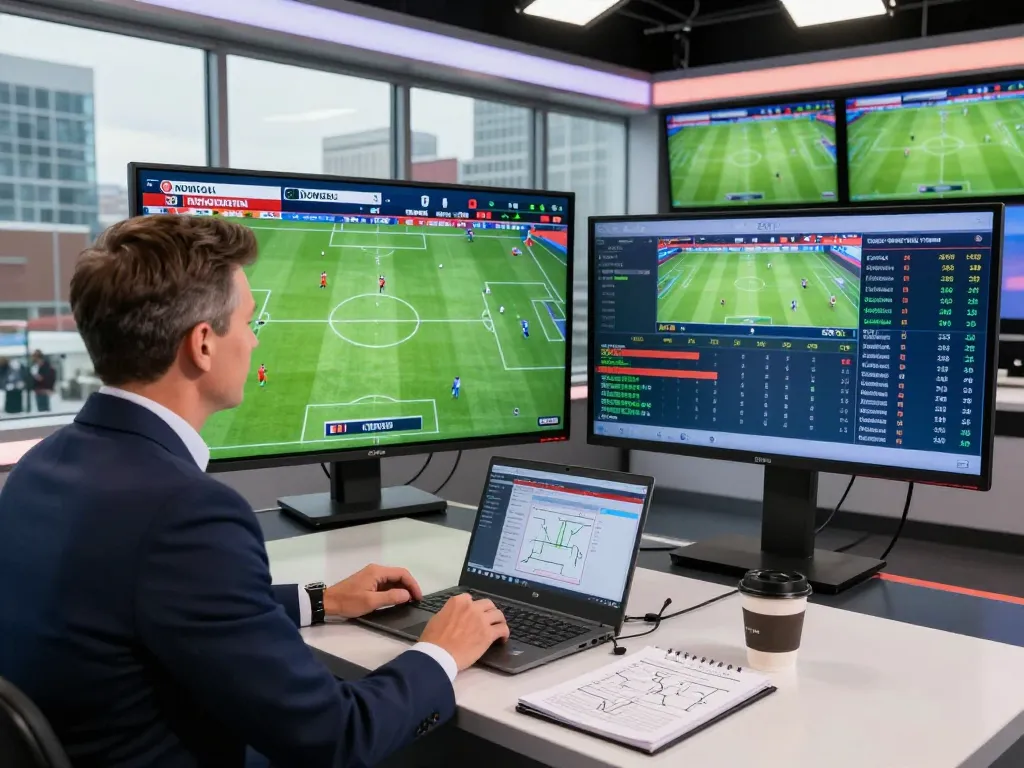 Real-time football analysis at NOWGOAL with live scores and player stats displayed on digital screens in a modern sports studio.