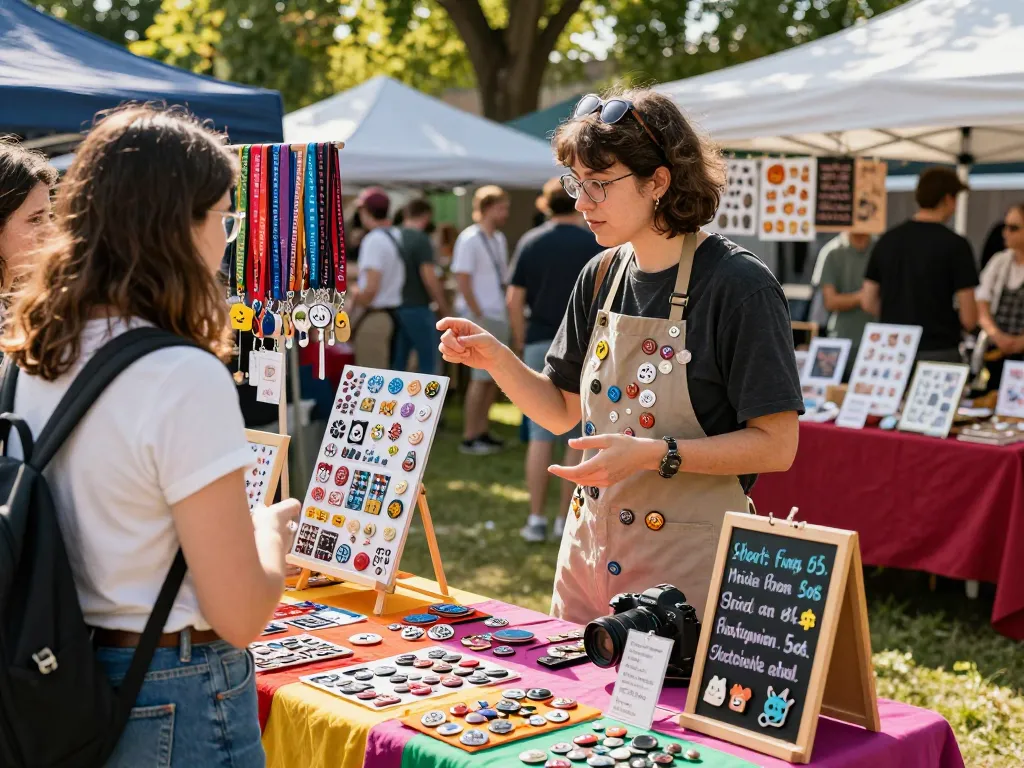 Custom button pins arranged on a vibrant artisan market display with an artist engaging customers in a lively outdoor setting.