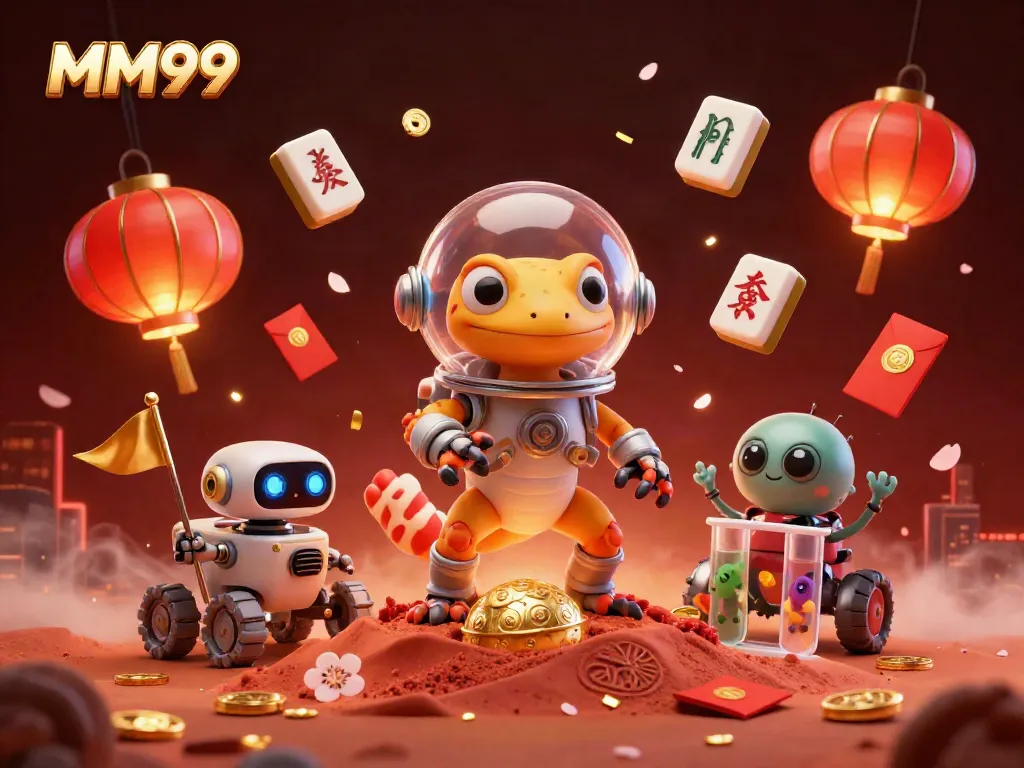 Experience the thrill of MM99 with a 3D cartoon Martian gecko discovering a golden casino on Mars.