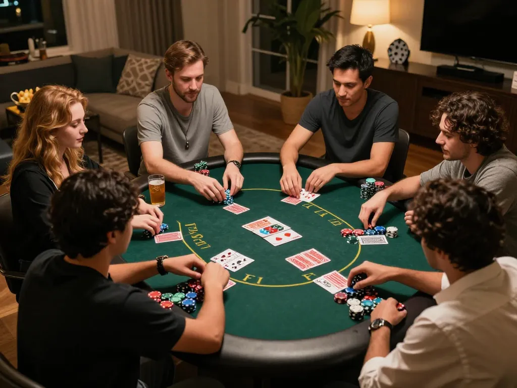 BL555 players enjoying a friendly poker night with vibrant chips and cards in a cozy home setup