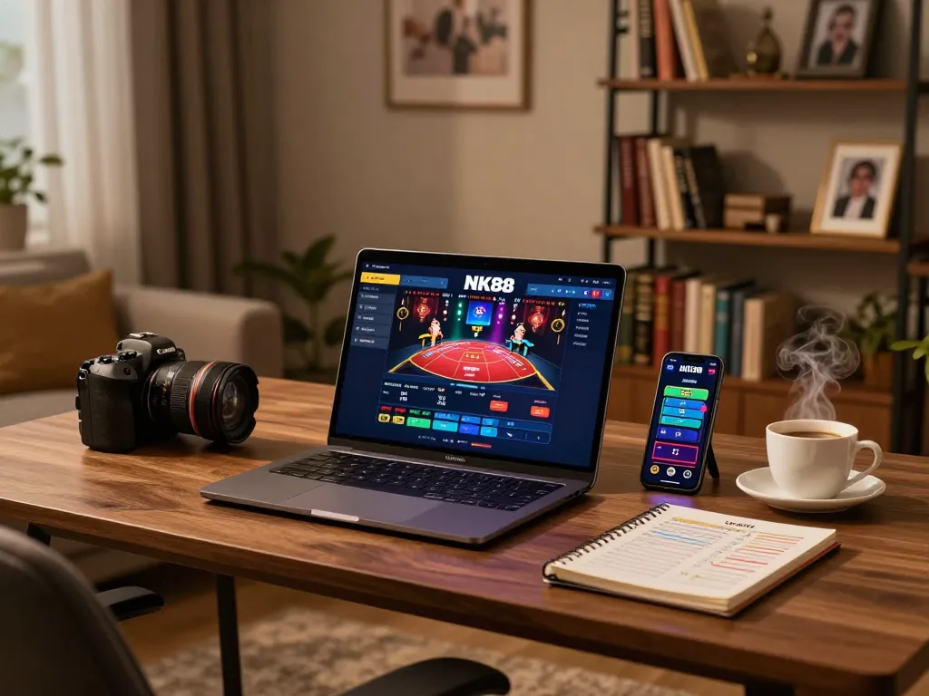 Engaged player strategizing on NK88, showcasing online gaming setup with laptop and notes.