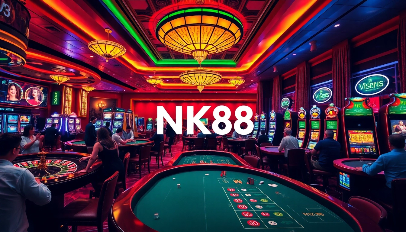 Players strategizing their bets at NK88's high-stakes tables in a vibrant casino.