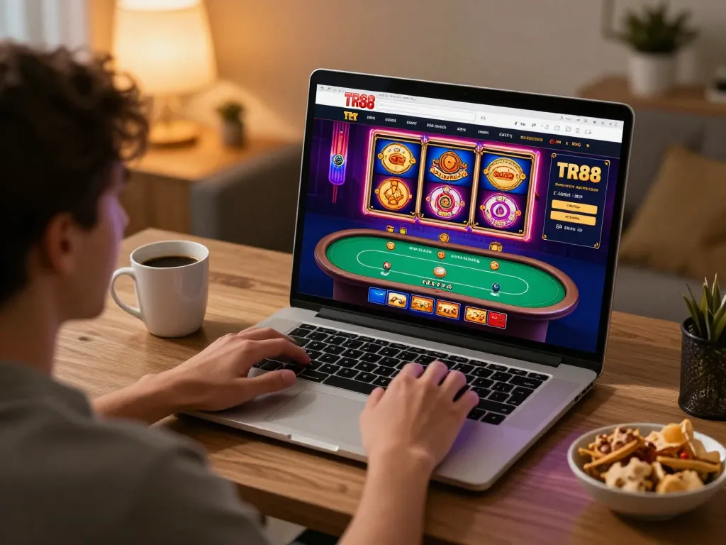 Engaging with TR88 casino games on a laptop in a cozy home environment, showcasing online gambling experience