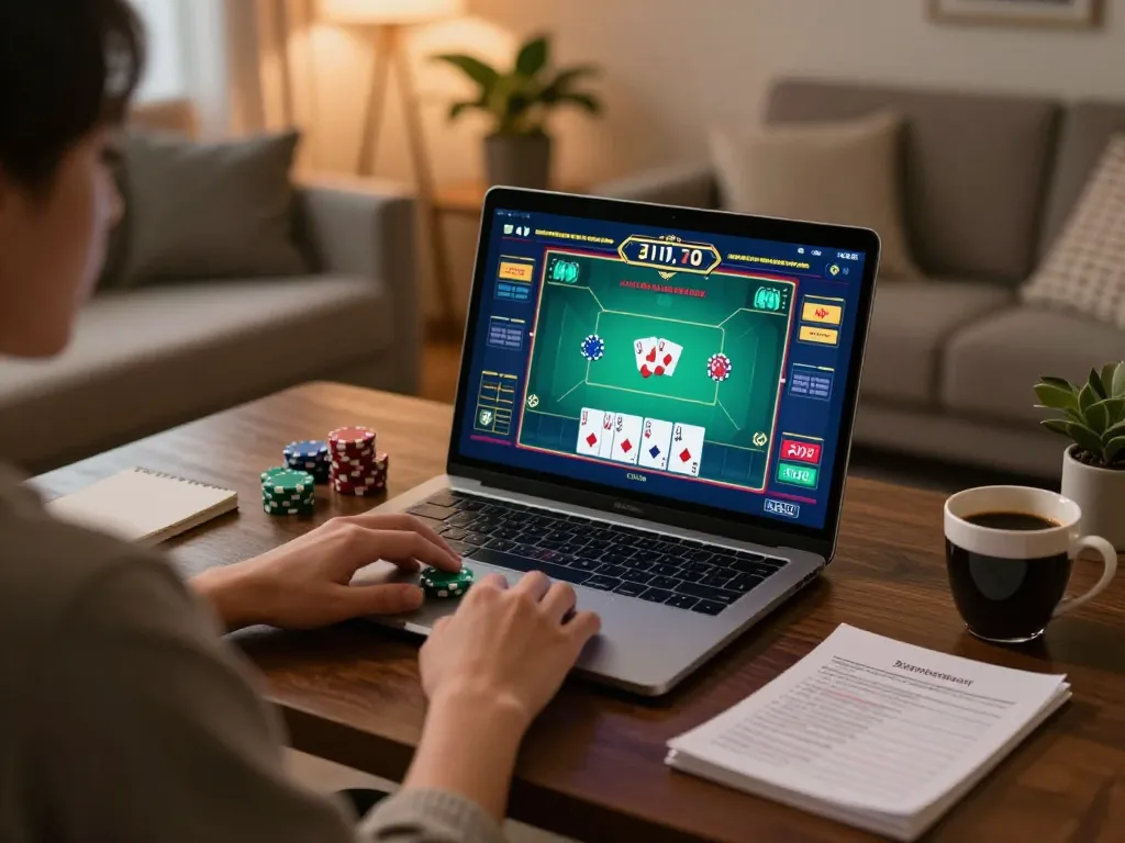 Playing poker online at home with EE88, showcasing innovative gaming interface and strategic mindset.