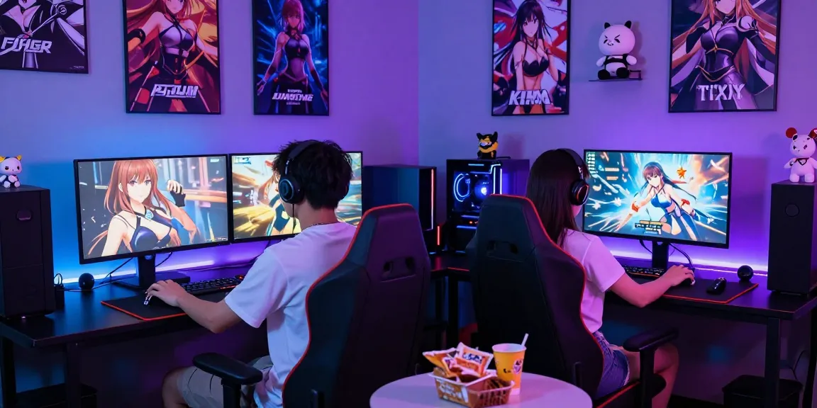 Two gamers enjoying interactive hentai games in a vibrant setup