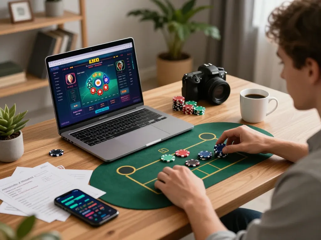 Engaging in online gaming with ATQ az88, featuring chips and a laptop on a well-organized desk.
