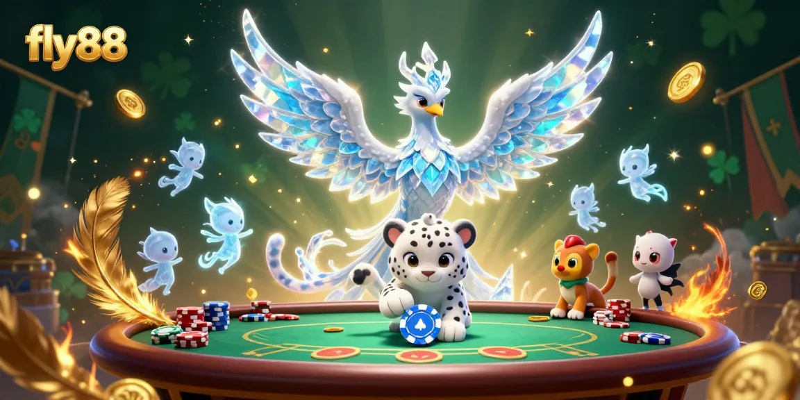 Engage with fly88's thrilling poker scene featuring an ice phoenix, a snow leopard cub, and glowing sprites.