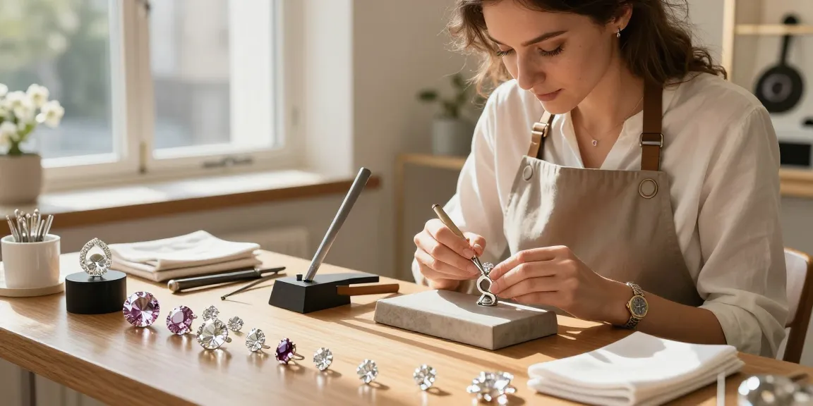 Artisan creating a stunning lab grown diamond ring in a bright jewellery studio, embodying luxury and craftsmanship.