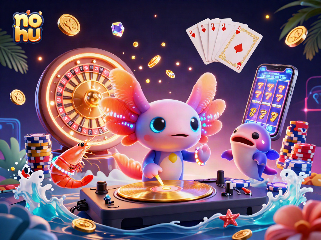 Spin to win at no hu with a neon axolotl DJ and vibrant casino elements!