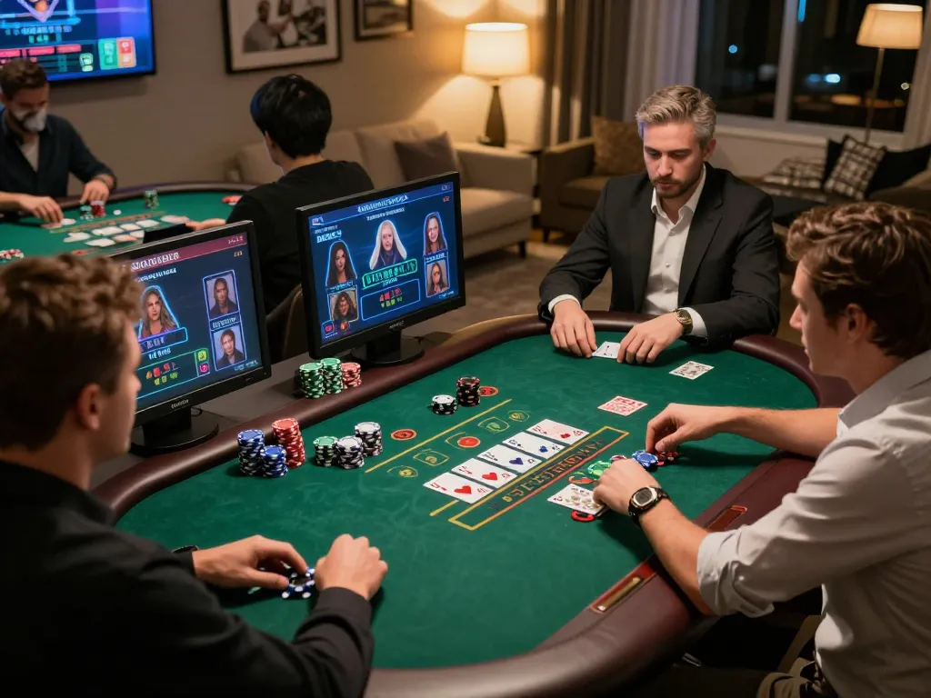 A player enjoying a live blackjack game with 79win in a cozy home gaming setup.
