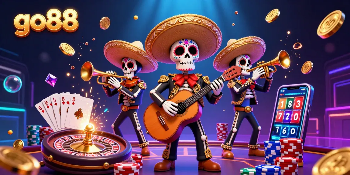 Engage with go88's lively 3D casino scene featuring a mariachi band amid cascading coins and vibrant game elements.