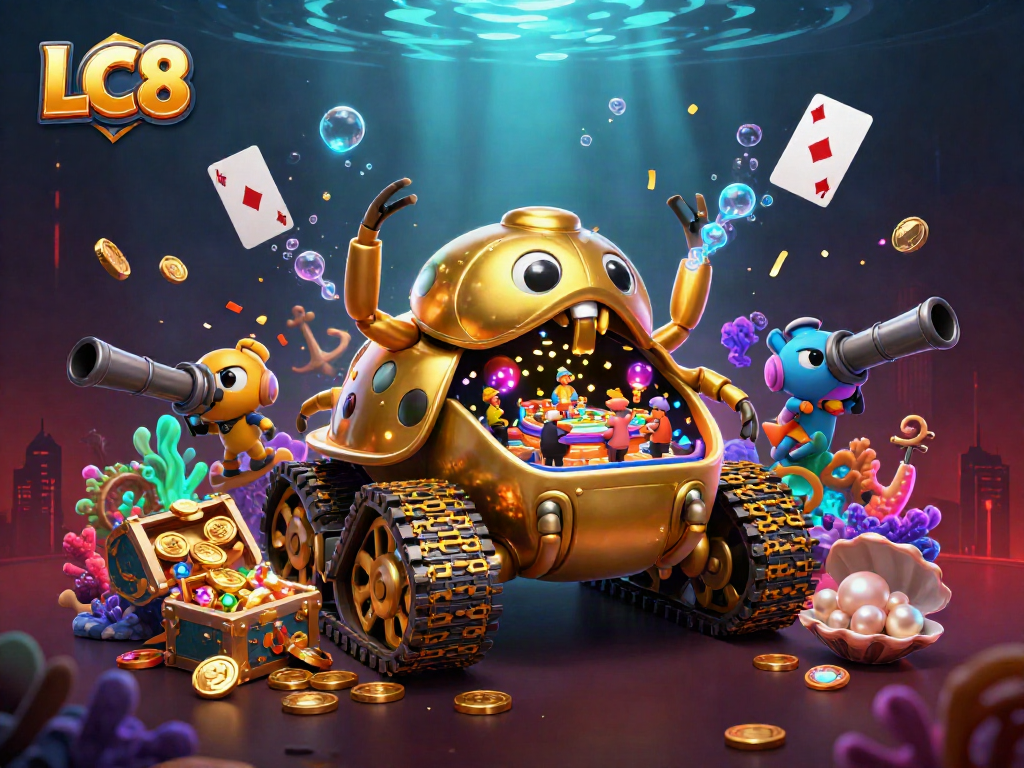 LC8 captures an exciting miniature casino scene inside a golden beetle tank bursting with confetti and coins.