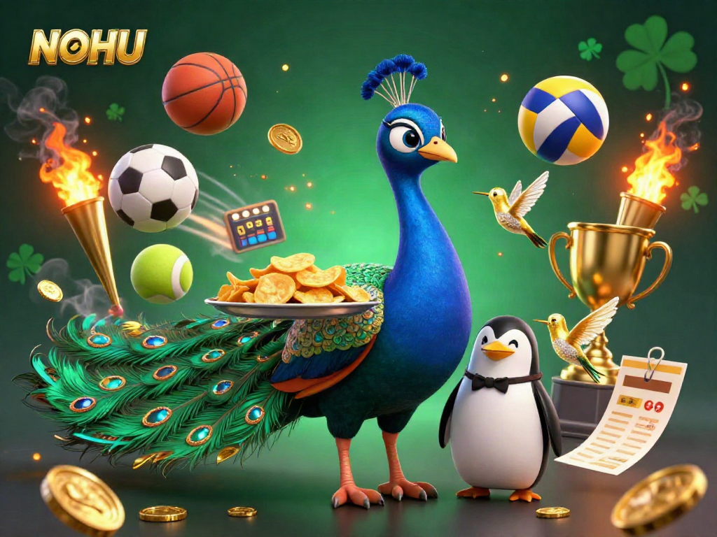 Join the excitement of NOHU with a vibrant scene of a peacock and penguin in a casino atmosphere.