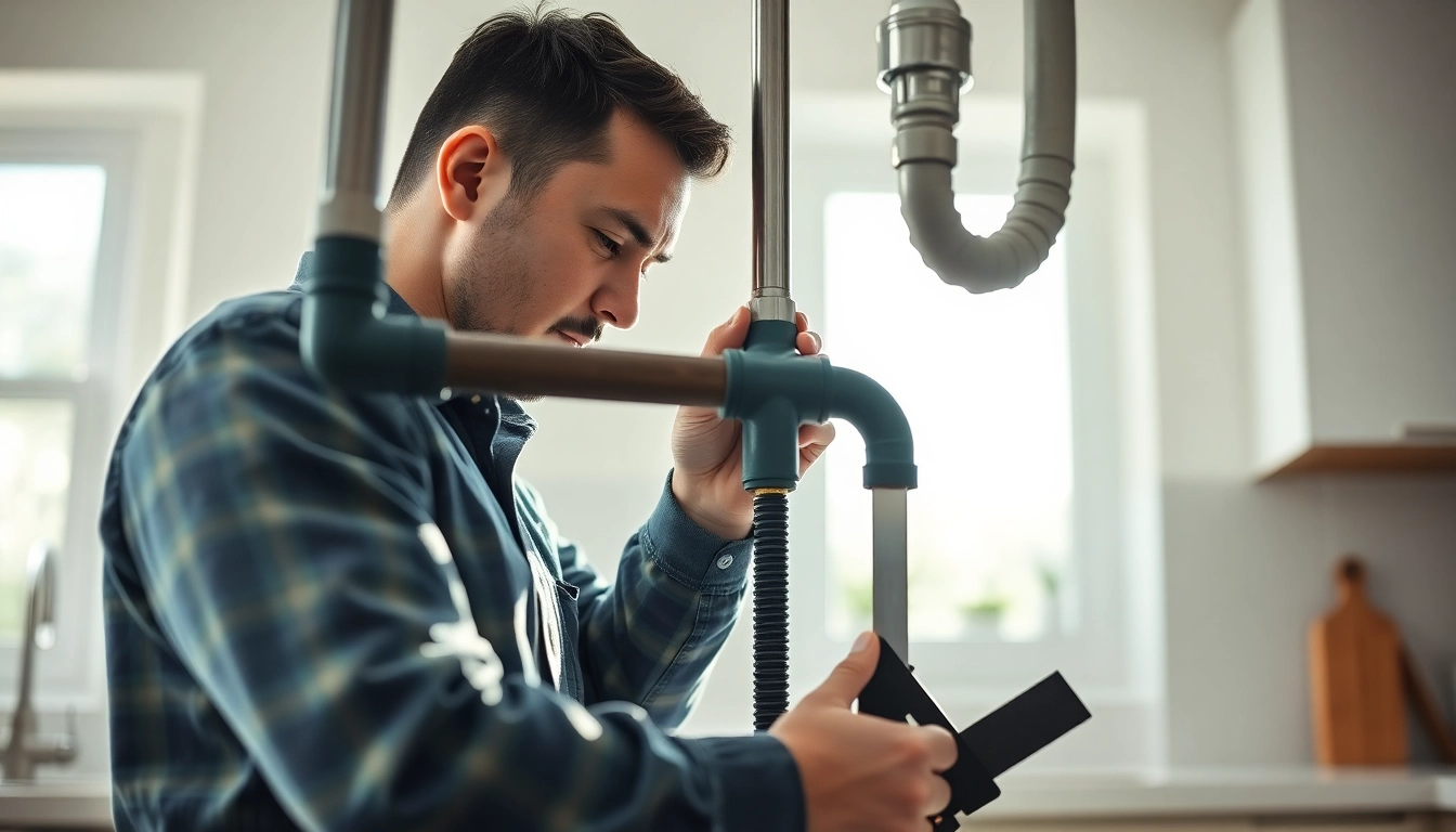 Efficient plumber near me fixing a water pipe in a bright kitchen.